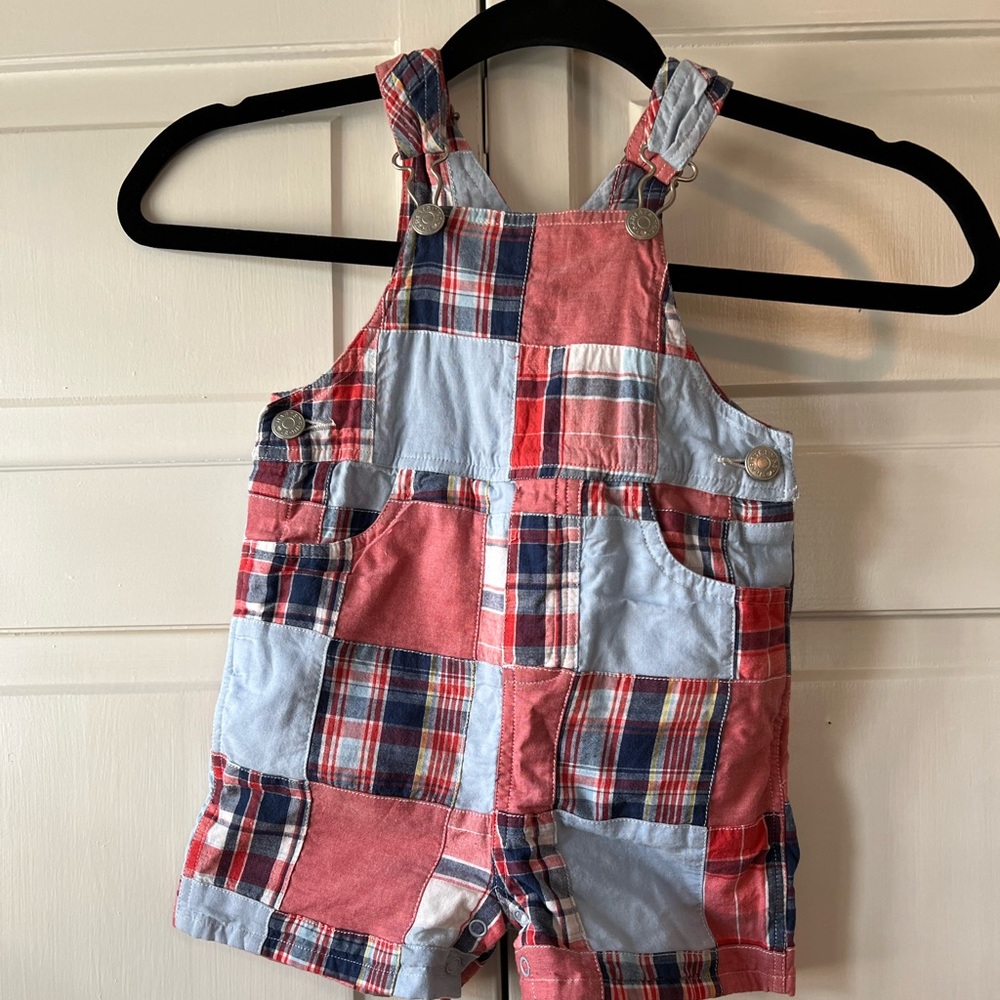 Adorable red and blue patchwork baby overalls